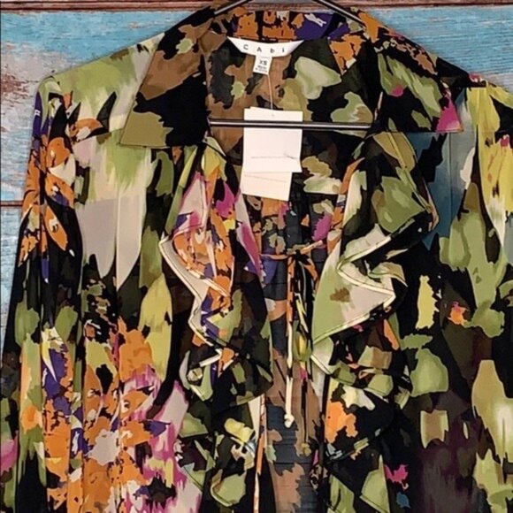 NWT Cabi Tie Front Top Kimono Blouse Cardigan Size XS Dark Floral Sheer - Picture 2 of 12
